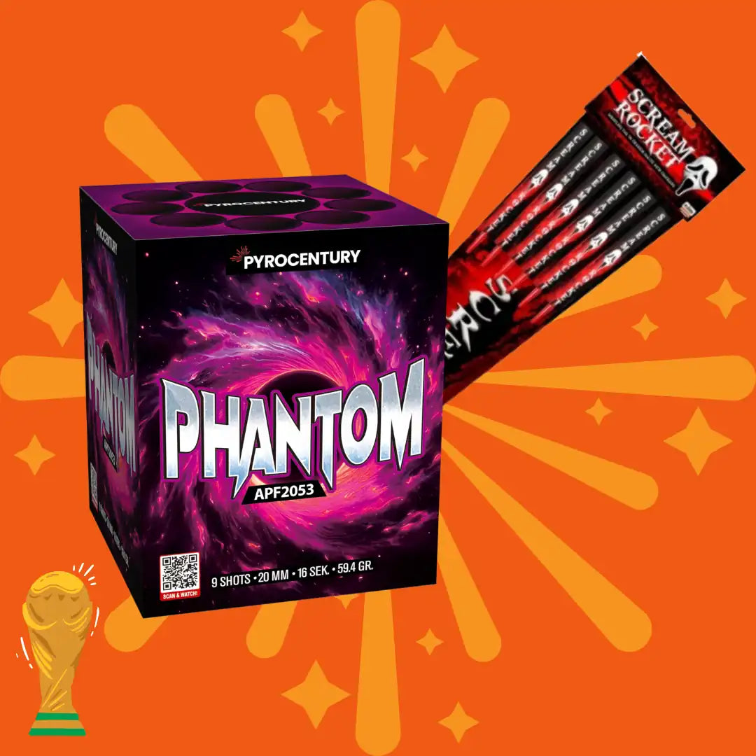 Die „Kombi Phantom + Scream Medium Raketen“ von COMBI-DEALS 💣 sind auf orangefarbenem Hintergrund mit gelben Blitzen und einer kleinen goldenen Trophäenillustration in der Ecke abgebildet.