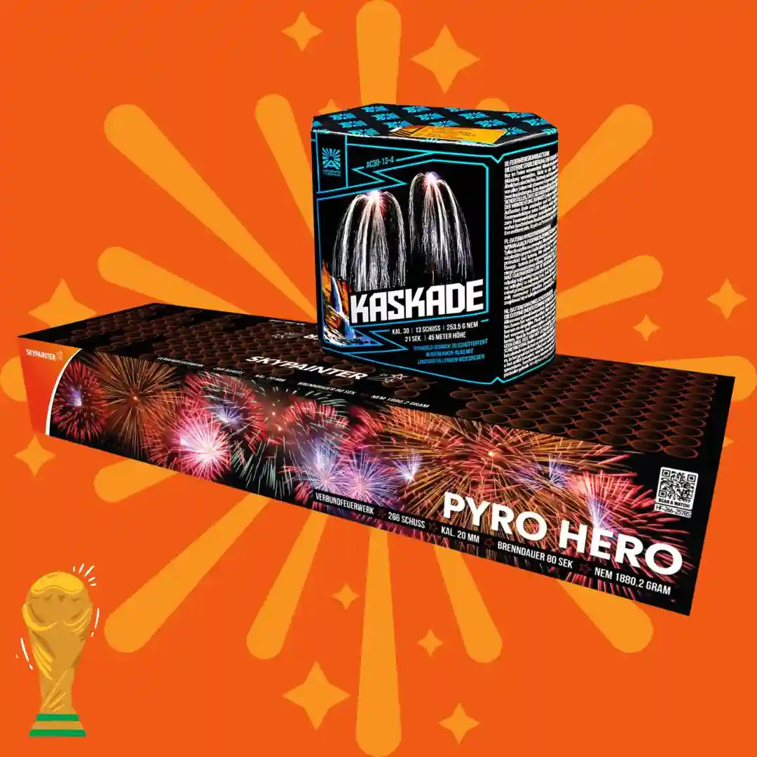 KOMBI-ANGEBOTE 💣: Das Set „Kombi Pyro Hero + Argento Kaskade“ umfasst zwei farbenfrohe Feuerwerksboxen vor orangefarbenem Hintergrund mit einer goldenen Trophäe – perfekt für eine spektakuläre Feier!.