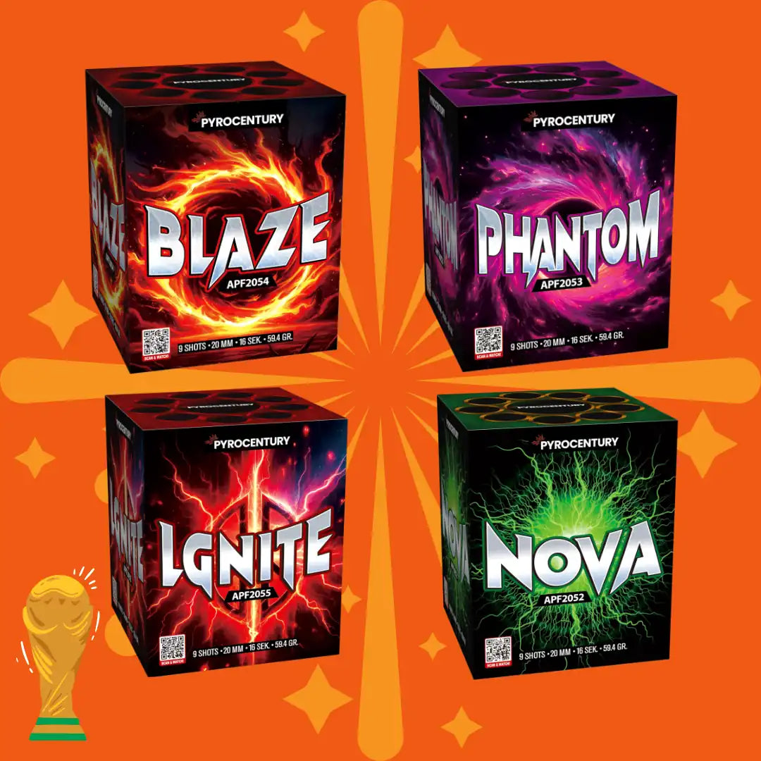 Vier bunte Kisten mit den Aufschriften „Blaze“, „Ignite“, „Phantom“ und „Nova“ bilden auf orangefarbenem Hintergrund ein Quadrat, ergänzt durch einen stilisierten Funken und eine kleine Weltmeisterschaftstrophäe. Das ist das „Pyrocentury 9 Schuss Freak Deal“ von FREAKDEALS 🤡 – perfekt für deine nächste Feier!.