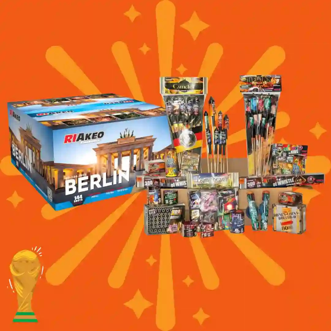 Das COMBI-DEALS 💣 Kombi-Sortiment „Riakeo Berlin + Weco Ü-Paket“ umfasst verschiedene Feuerwerkskörper und Raketen, die vor einem orangefarbenen Hintergrund mit gelben Feuerwerksblitzen und einem kleinen Pokalsymbol in der Ecke dargestellt sind.