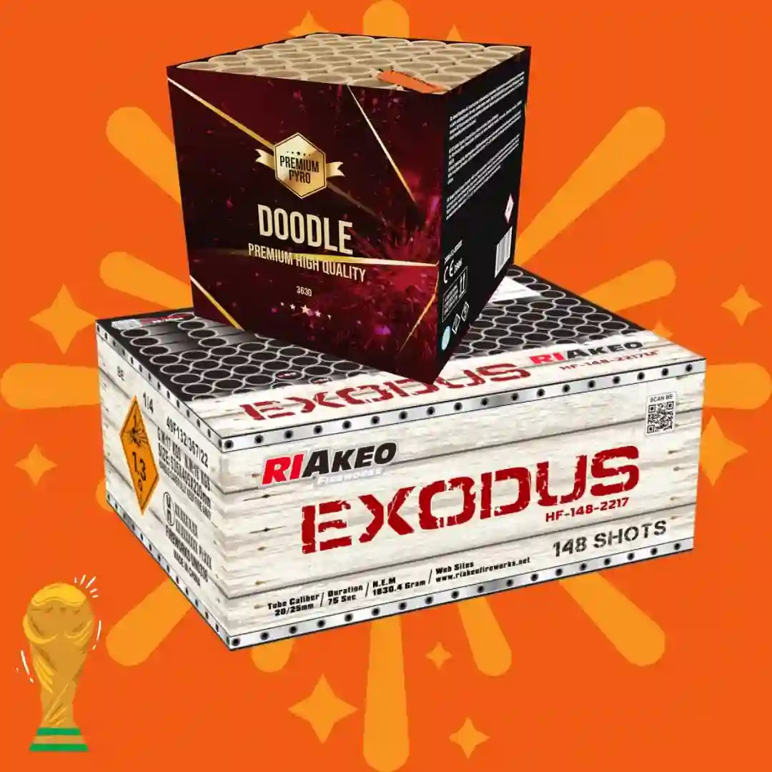 Das Kombi-Modell „Riakeo Exodus + FWS Doodle“ von COMBI-DEALS 💣 besteht aus einer kleineren „Doodle Premium Pro“-Box, die auf die größere „Riakeo Exodus“-Box mit 148 Schuss gestapelt ist. Unten links ist auf orangefarbenem Hintergrund ein illustriertes Trophäensymbol zu sehen.