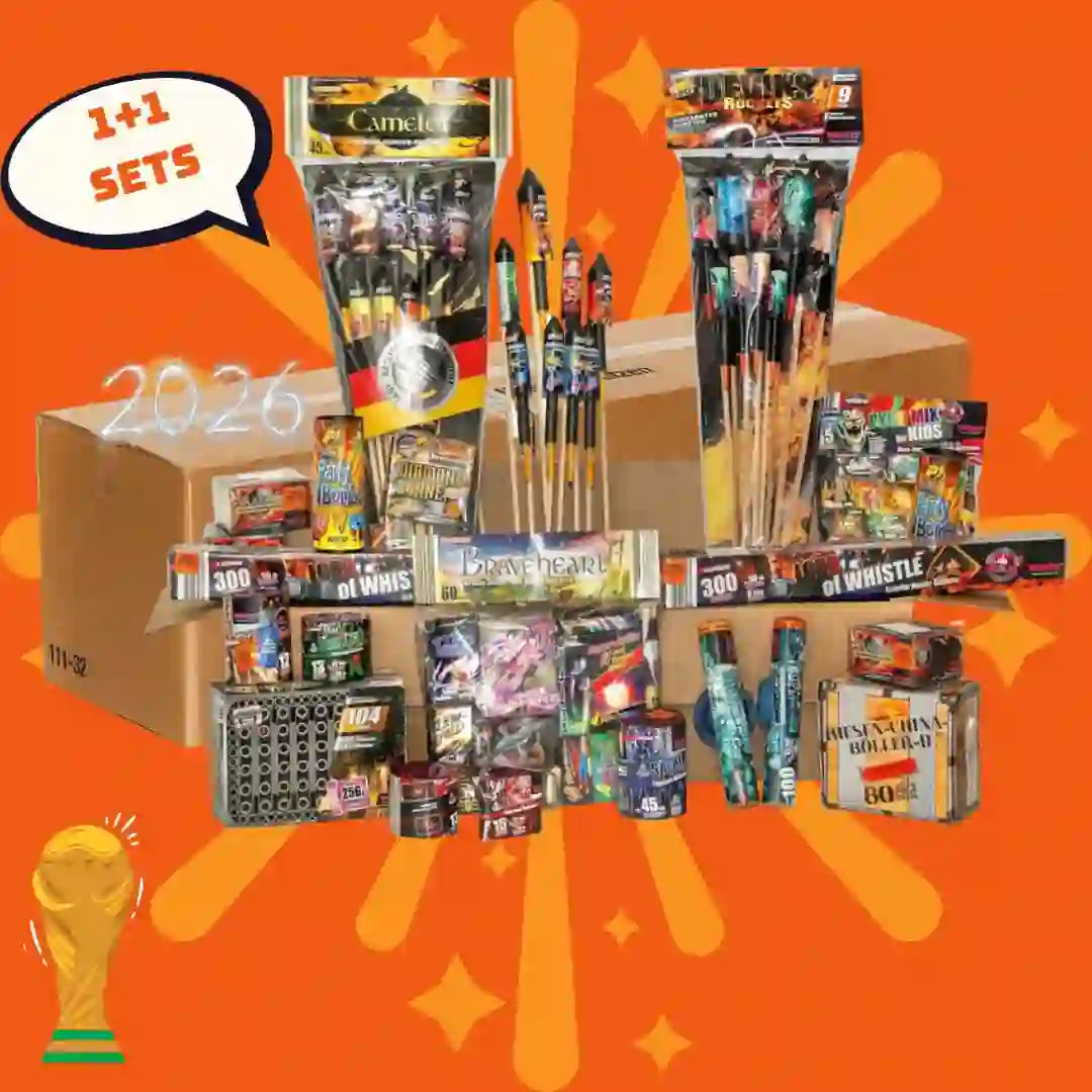Ein großes Kombi-Weco-Ü-Paket-1+1-Sortiment von COMBI-DEALS 💣 ist vor Kartons auf orangefarbenem Hintergrund mit gelben Sternen abgebildet. Außerdem sind eine Sprechblase mit der Aufschrift „1+1 SETS“ und eine goldene Trophäe mit der Aufschrift „2026“ zu sehen.
