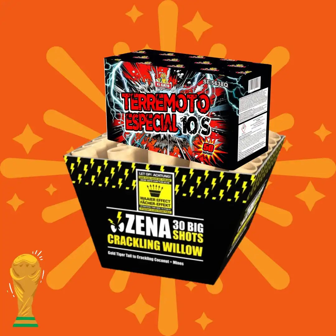 Eine farbenfrohe Feuerwerksbox „Kombi Zena Crack Willow + Terremoto Especial 10s“ von COMBI-DEALS 💣 ist auf orangefarbenem Hintergrund abgebildet, mit einem Pokalsymbol in der Ecke.