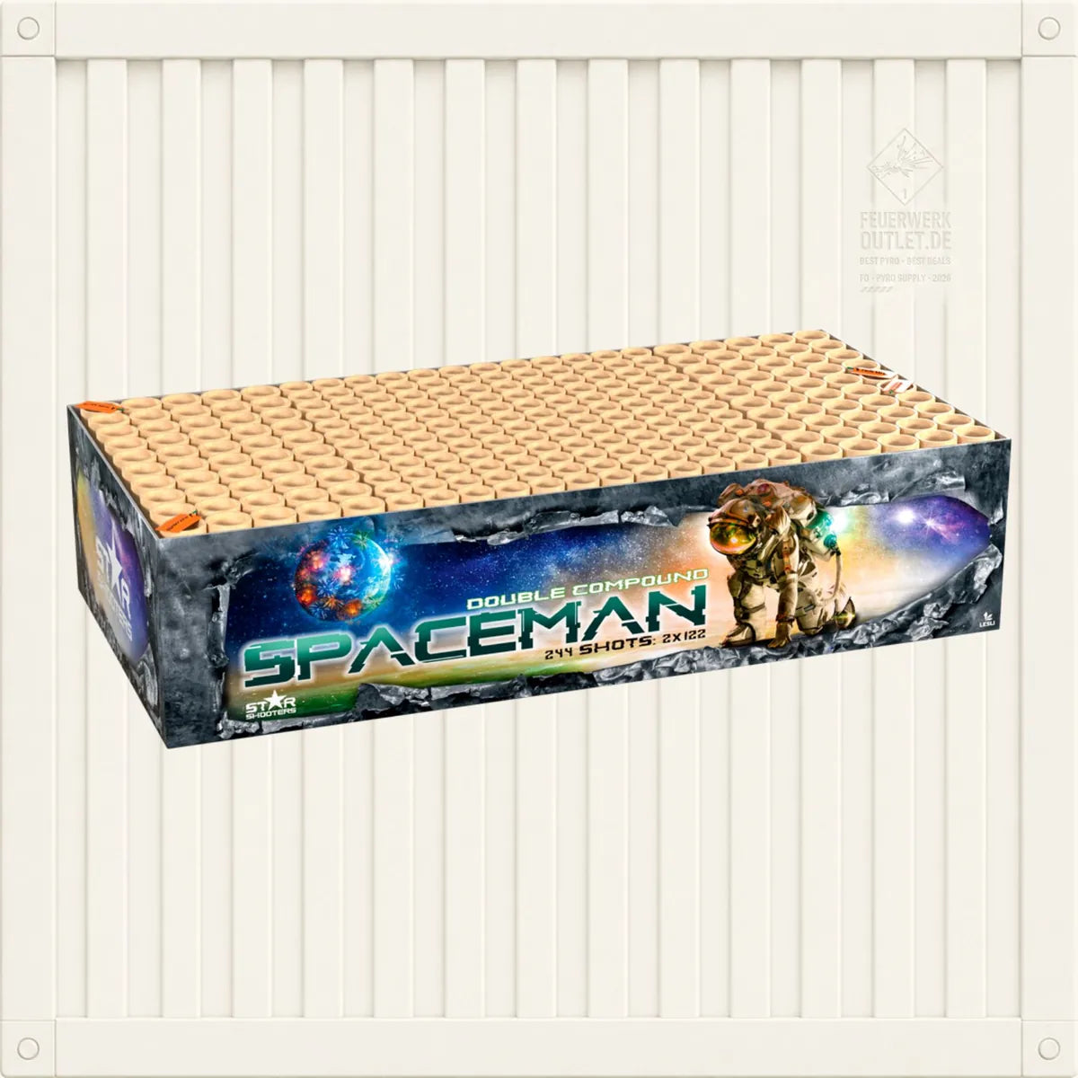 Rechteckige Showbox „Lesli Spaceman“ von Lesli, verziert mit farbenfrohen Motiven eines Astronauten und Planeten an den Seiten. Der helle Hintergrund mit vertikalen Linien bringt dieses Doppel-Verbundfeuerwerk besonders gut zur Geltung, während die Oberseite mit Reihen runder Abschussrohre versehen ist – ideal, um beeindruckende Effektkombinationen zu präsentieren und die Box zu einem herausragenden Blickfang bei jeder Veranstaltung zu machen.