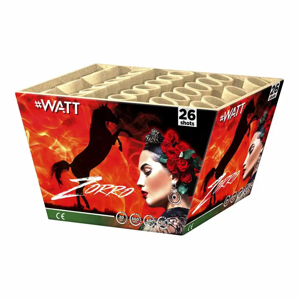 Eine Schachtel mit VOLT! Zorro #WATT Fan-Feuerwerk mit 26 Schüssen, die ein sich aufbäumendes schwarzes Pferd, eine Frau mit roten Rosen im Haar und einen feurigen Hintergrund zeigen. Auf der Verpackung ist der Markenname VOLT! zu sehen.
