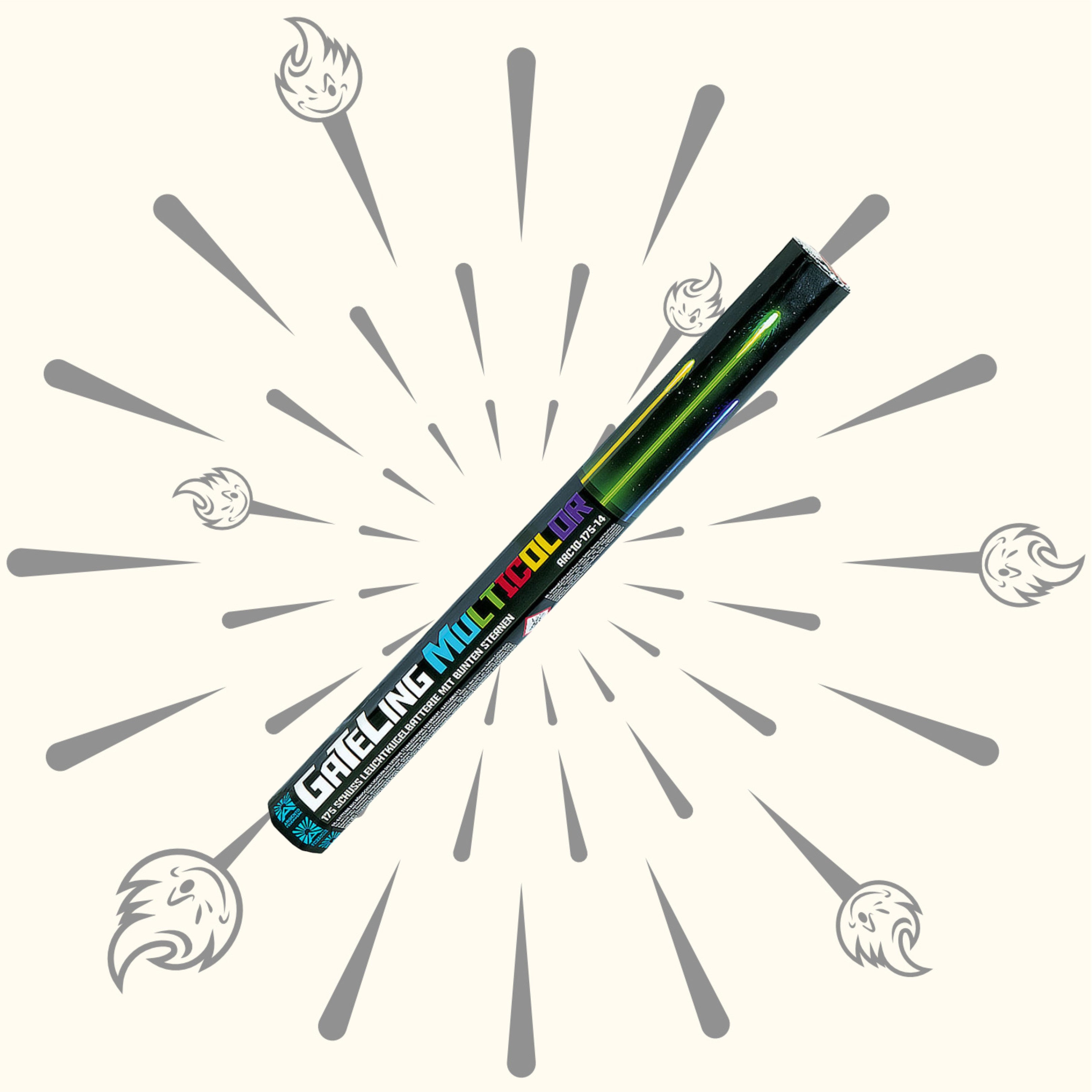 Eine Feuerwerksröhre mit der Aufschrift „Argento GaTeling Multicolor Leuchtkugelbatterie 175sh Bunte Sterne“ von Argento steht zentriert auf einem cremefarbenen Hintergrund mit grauen Feuerlinien und kleinen, nach außen strahlenden Flammensymbolen.