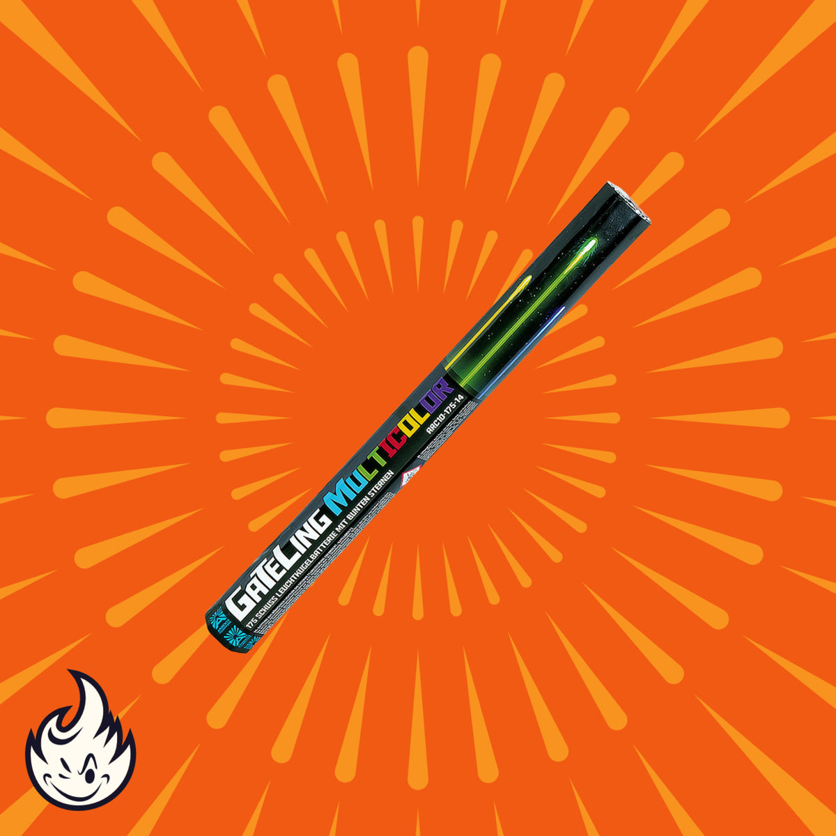 Das Tortenfeuerwerk Argento GaTeling Multicolor steht in seiner Verpackung mittig auf einem orangefarbenen Hintergrund mit strahlenförmigen Linien. Das Flammenlogo der Marke Argento erscheint in der unteren linken Ecke.