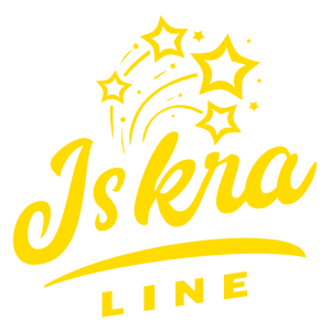 Gelber stilisierter Text mit der Aufschrift „Iskra Line“ mit Stern- und Kometengrafiken darüber, vor einem transparenten Hintergrund.