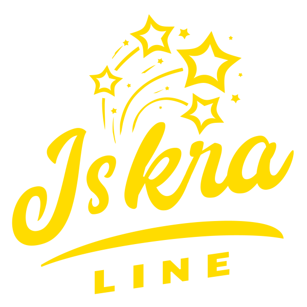 Gelber stilisierter Text mit der Aufschrift „Iskra Line“ mit Stern- und Kometengrafiken darüber, vor einem transparenten Hintergrund.
