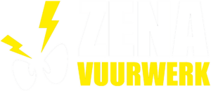 Logo von Zena Vuurwerk mit stilisierten Augen mit gelben Blitzen darüber und fettem Schriftzug. „ZENA“ ist in Weiß und „VUURWERK“ in Gelb auf schwarzem Hintergrund.