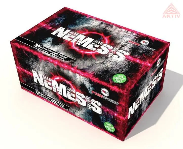 Eine rechteckige Fireevent Nemesis 69sh Feuerwerk Box von Fireevent, mit fetten weißen und roten Buchstaben auf einem dunklen, grungy Hintergrund, rosa Blitz Akzente, grüne "100% EFFECT FIRE" Aufkleber und mit 69 Schuss.