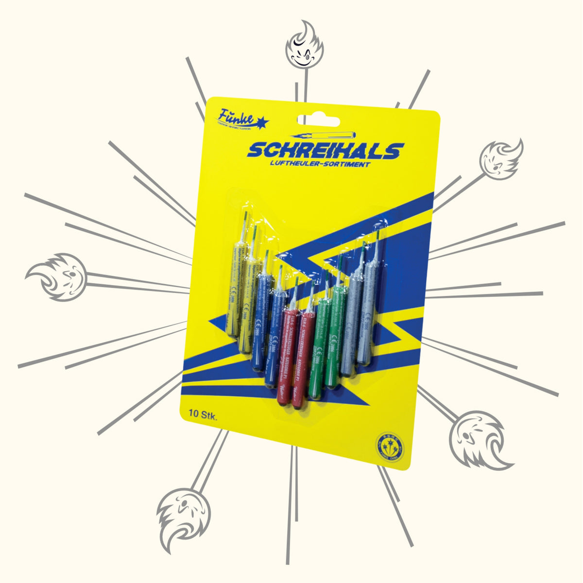 Ein 10er-Set Funke Schreihals P1 Feuerwerksraketen von Funke mit farbenfrohen Explosionen und dynamischen Soundeffekten auf einer gelb-blauen Verpackung mit der Aufschrift "Schreihals.