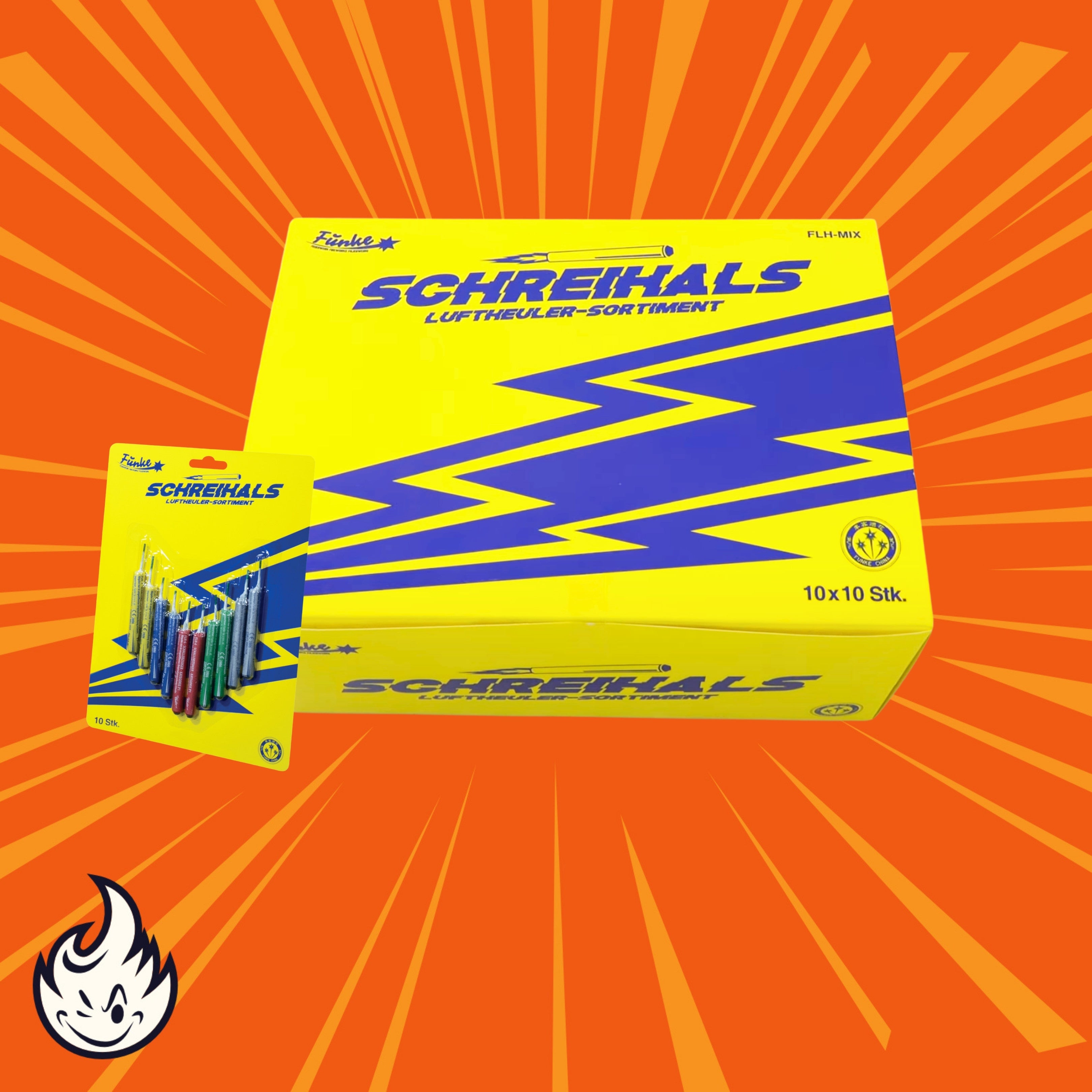 Eine gelb-blaue Box mit der Aufschrift „SCHREIHALS“ zeigt das Funke Schreihals Luftheuler-Mix Display P1 von Funke mit einem passenden Feuerwerkspaket in 5 Farben und Effekten auf einem orangefarbenen Hintergrund mit strahlenförmigen Linien und einem Flammensymbol.
