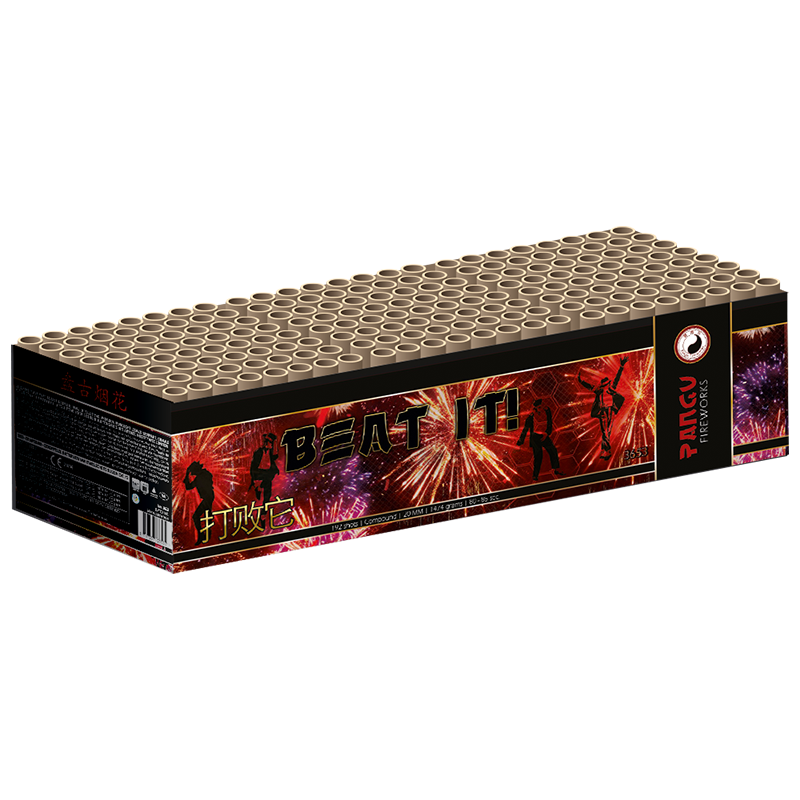 Die Pangu Beat It! Feuerwerksbox von Feuerwerk-Outlet.de zeigt Silhouetten von Tänzern und Feuerwerkskörpern auf rotem Hintergrund, mit runden Feuerwerksröhren auf der Oberseite.