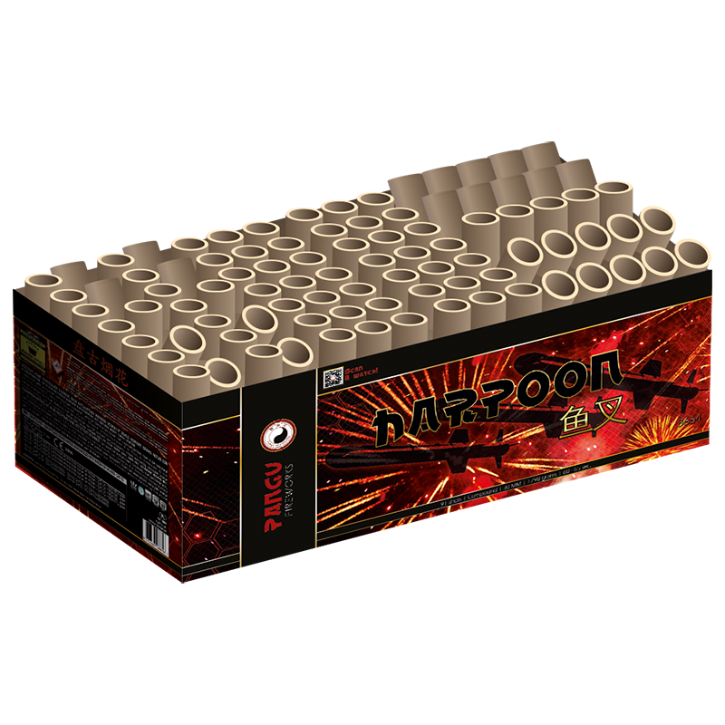 Die Pangu Harpune von Feuerwerk-Outlet.de ist eine rechteckige Feuerwerkstorte mit mehreren Pappröhren, die ein schwarz-rotes Design mit Feuerwerksgrafik und fettgedrucktem Seitentext aufweist.