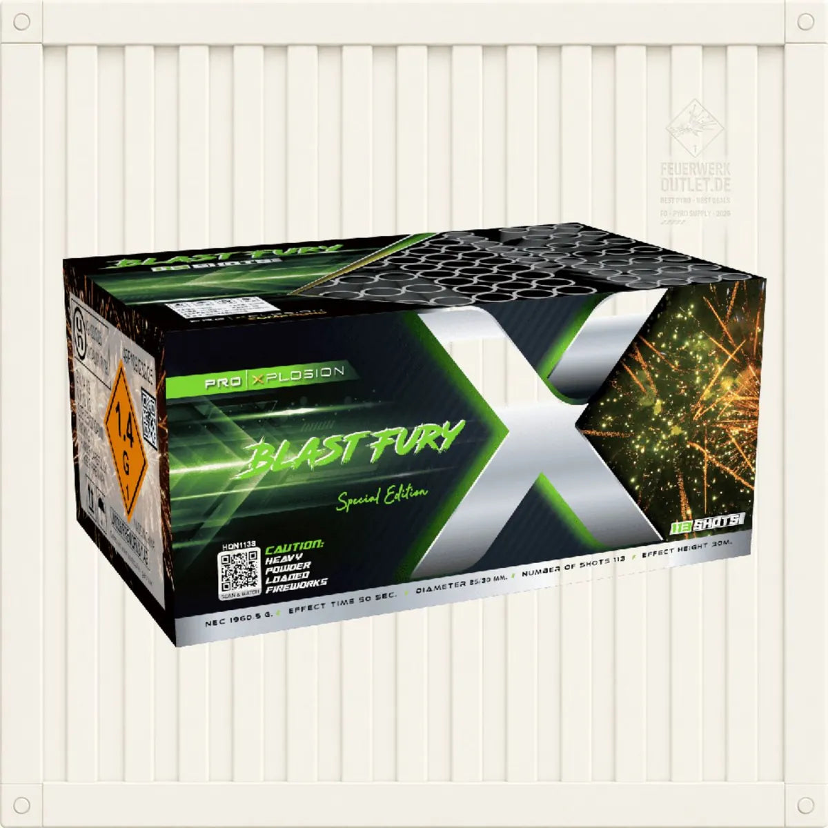 Eine rechteckige Schachtel mit der Aufschrift „Pro Xplosion Blast Fury“ der Marke Pro Xplosion, verziert mit neongrünen und schwarzen Grafiken, einem großen silbernen „X“, Warnsymbolen und Feuerwerksmotiven vor einem weißen, vertikalen Hintergrund.