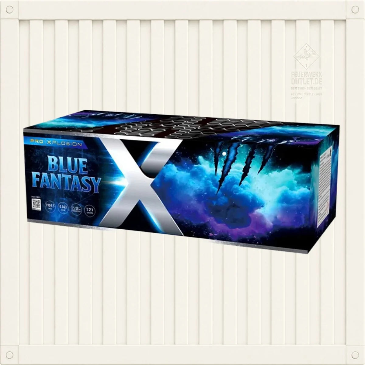 Eine rechteckige Schachtel der Marke Pro Xplosion mit der Aufschrift „Pro Xplosion Blue Fantasy“ ist mit blauen Wolken und Blitzen sowie Kratzspuren verziert. Die Schachtel steht vor einer weißen, vertikal gestreiften Wand.
