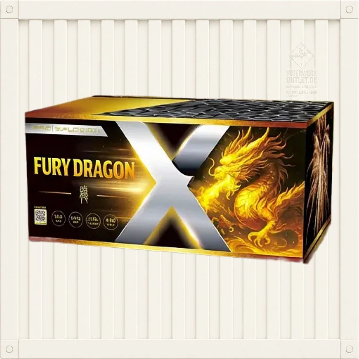 Eine rechteckige Feuerwerksschachtel der Marke „Pro Xplosion“ mit der Aufschrift „Pro Xplosion Fury Dragon“ ist mit einer goldenen Drachenillustration und metallischen Akzenten verziert, die sich vor einem weißen Hintergrund mit Lamellen abheben.