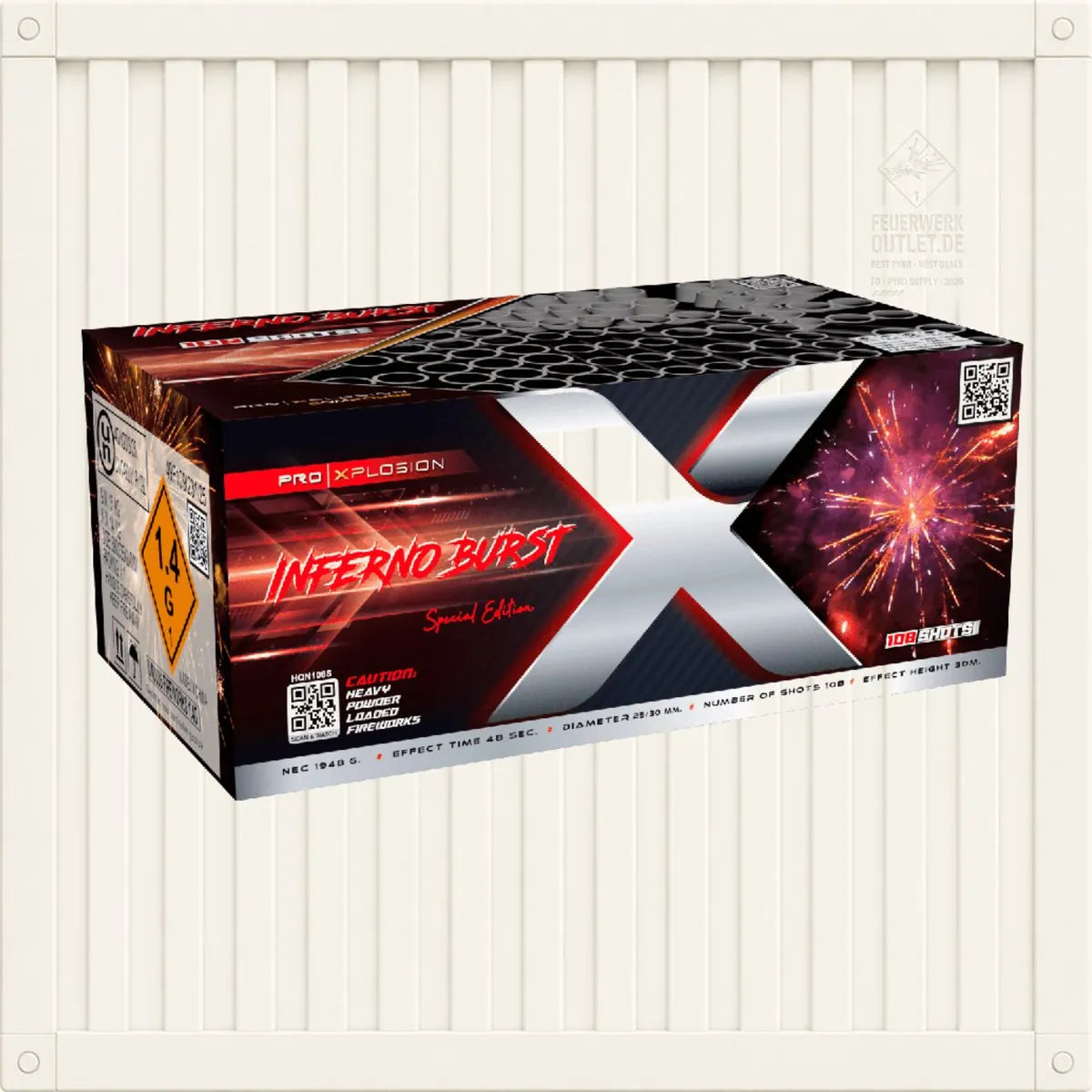 Eine Schachtel mit der Aufschrift „Pro Xplosion Inferno Burst“ – Feuerwerkskörper von Pro Xplosion –, verziert mit leuchtenden Farben, einem großen X und einem Feuerwerksmotiv vor einem weißen Hintergrund mit vertikalen Streifen.
