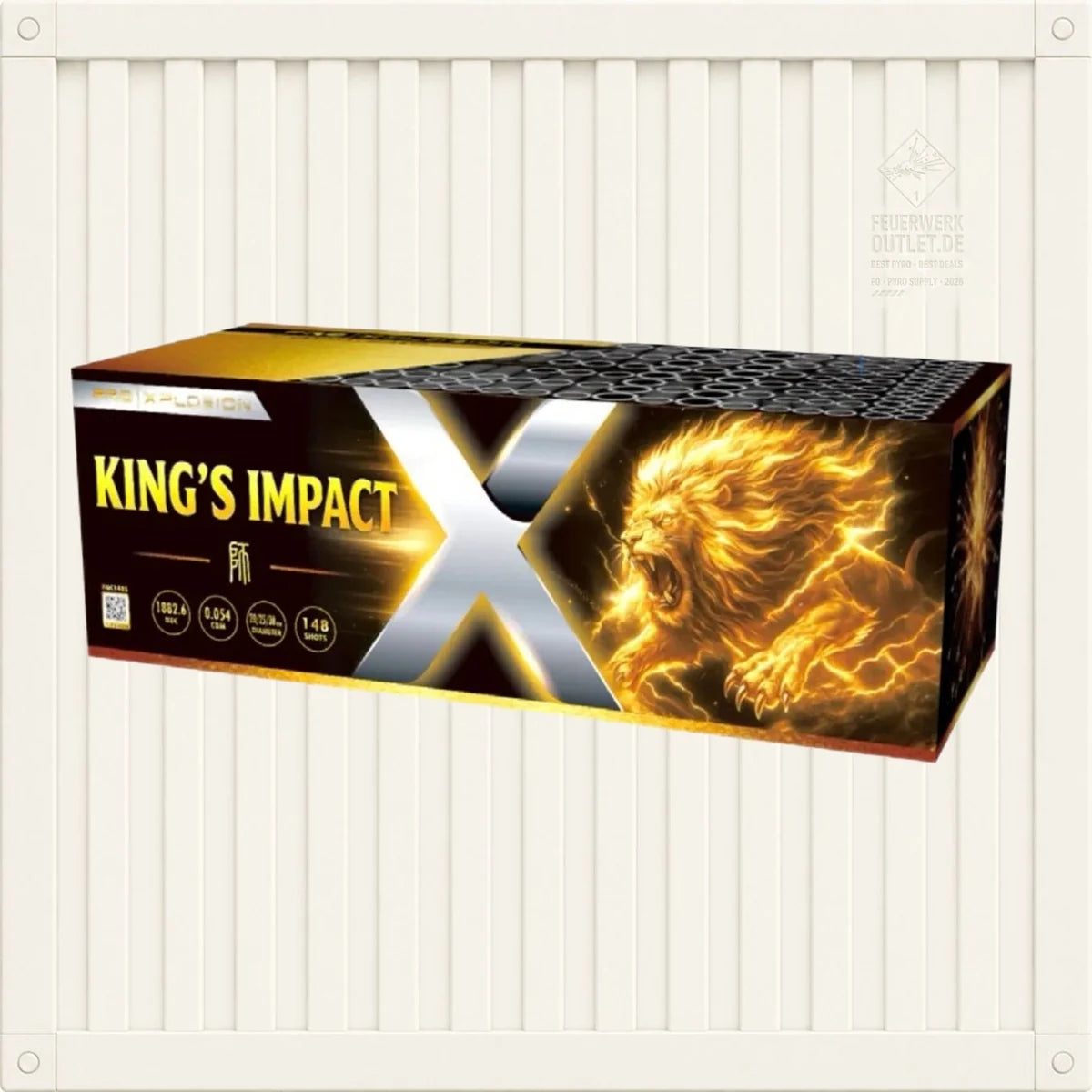 Eine rechteckige Feuerwerksschachtel der Marke Pro Xplosion mit der Aufschrift „Pro Xplosion Kings Impact“ zeigt einen brüllenden goldenen Löwen mit Blitzeffekten; an der Seite sind die Farben Schwarz und Gelb sowie Produktdetails abgebildet.