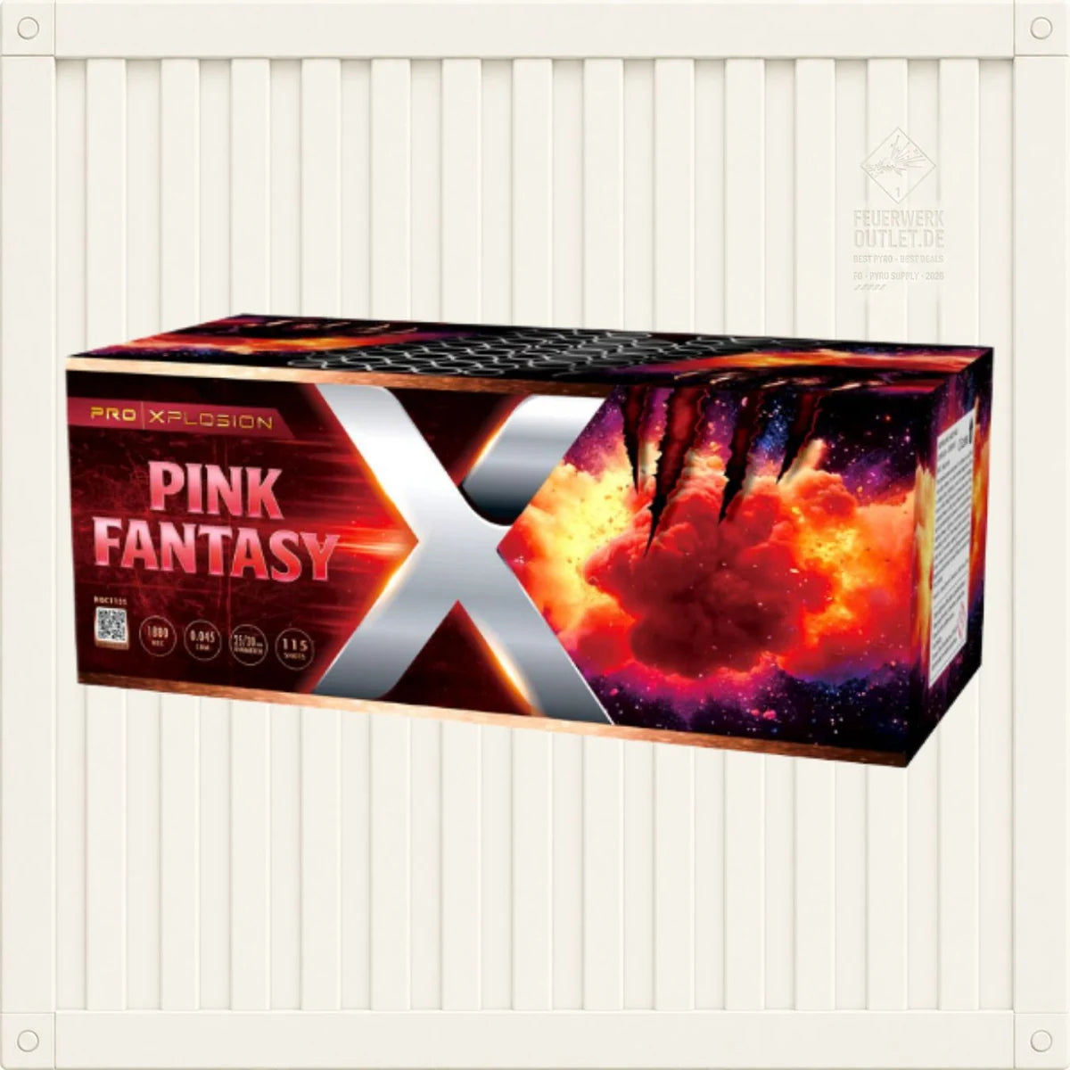 Eine rechteckige „Pro Xplosion“-Feuerwerksschachtel mit der Aufschrift „Pro Xplosion Pink Fantasy“, auf deren Vorderseite ein großes silbernes „X“ und eine Explosionsgrafik vor einem weißen, mit Paneelen versehenen Hintergrund abgebildet sind.
