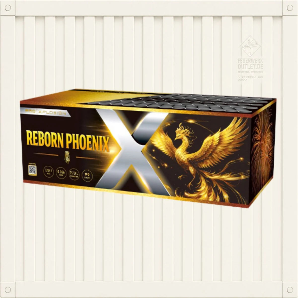 Eine rechteckige Feuerwerksschachtel der Marke Pro Xplosion mit der Aufschrift „Pro Xplosion Reborn Phoenix“ zeigt die Abbildung eines goldenen Phönix mit Feuerwerkskörpern. Die Schachtel ist in den Farben Schwarz, Gold und Gelb gehalten und vor einem weißen Hintergrund dargestellt.