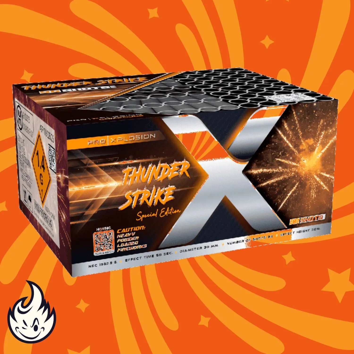 Eine rechteckige Schachtel mit Pro Xplosion Thunder Strike Feuerwerkskörpern von Pro Xplosion, mit einem orange-schwarzen Design, Warnhinweisen, einer Explosionsgrafik und einem orangefarbenen Starburst-Hintergrund.