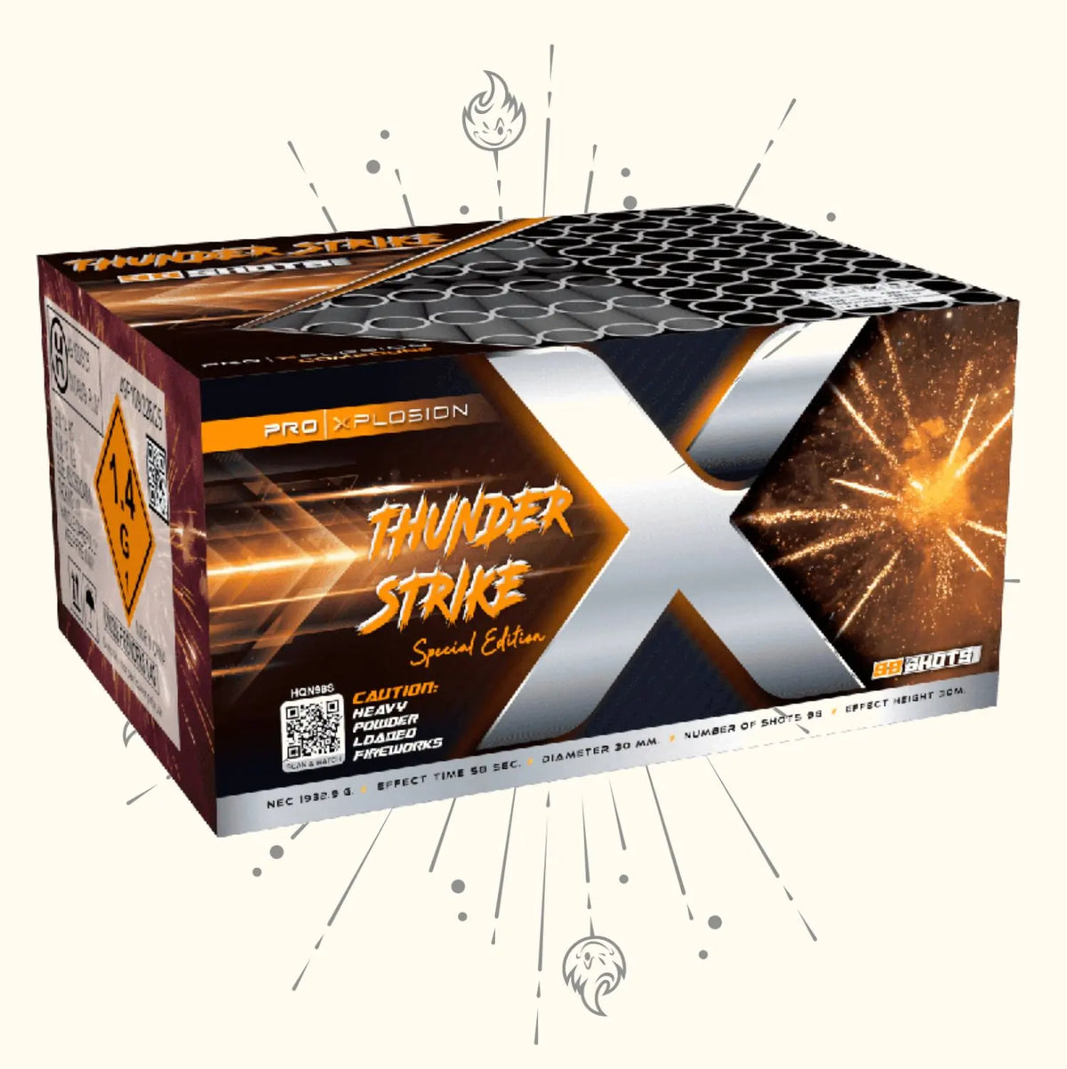 Eine Schachtel mit Pro Xplosion Thunder Strike Feuerwerkskörpern von Pro Xplosion mit einem auffälligen X-Design, Funken und Warnhinweisen zu Sprengstoff und Sicherheit.