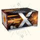 Eine Schachtel mit Pro Xplosion Thunder Strike Feuerwerkskörpern von Pro Xplosion mit einem auffälligen X-Design, Funken und Warnhinweisen zu Sprengstoff und Sicherheit.