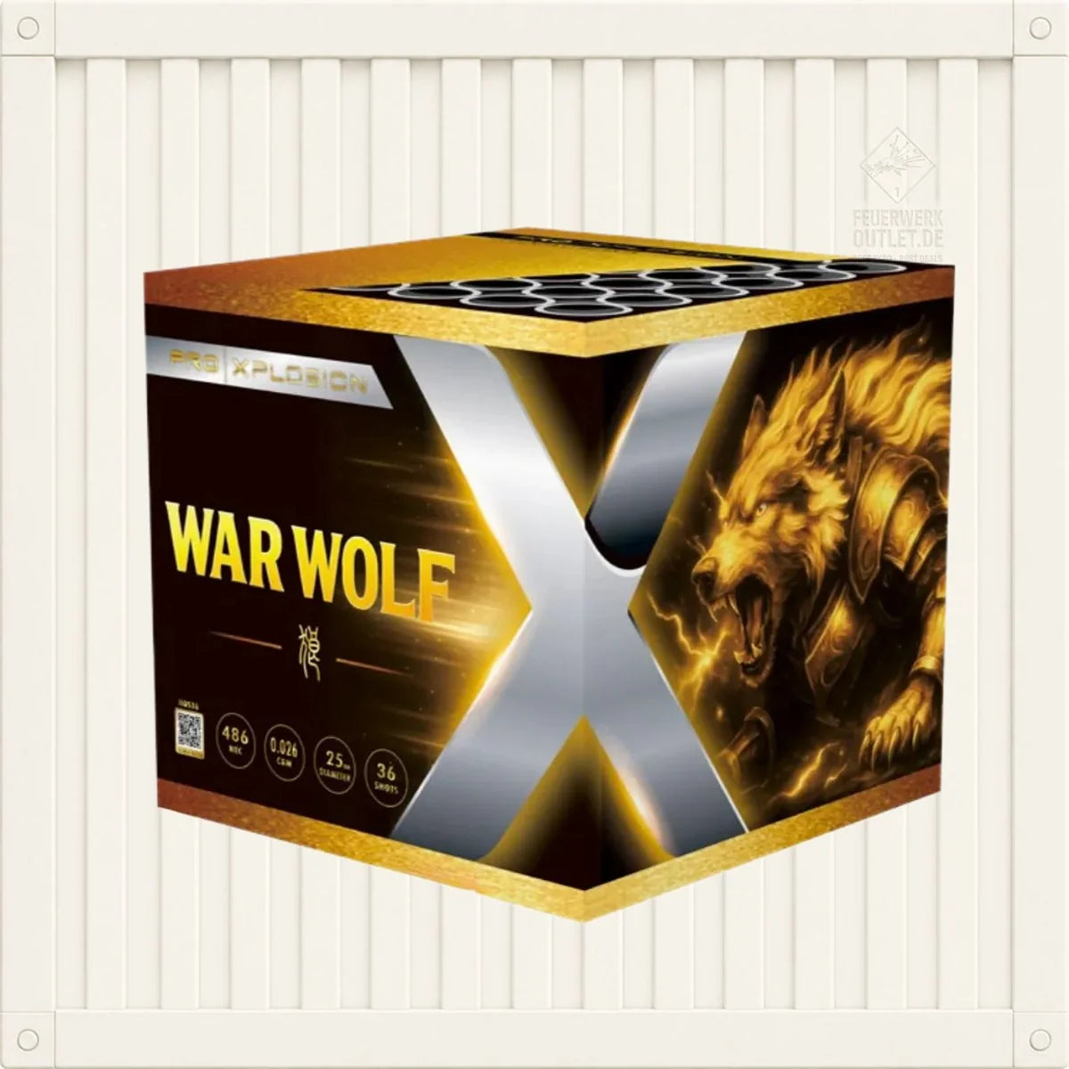 Eine schwarz-goldene Feuerwerksschachtel von Pro Xplosion mit der Aufschrift „Pro Xplosion War Wolf“ zeigt die Abbildung eines brüllenden, gepanzerten Wolfs und verfügt oben über sechseckige Öffnungen, alles vor einem hellen, gestreiften Hintergrund.
