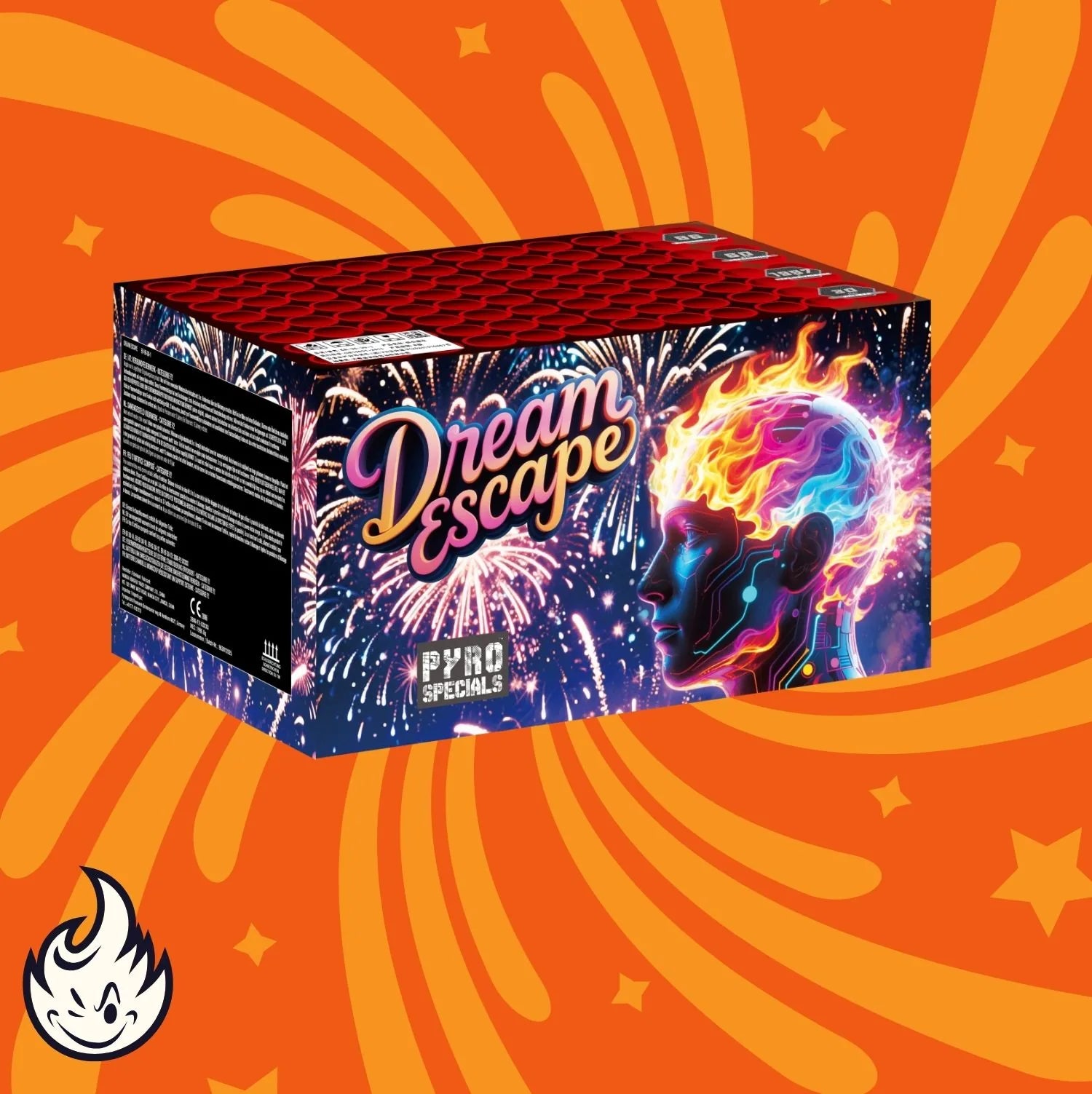 Die leuchtende Pyro Specials Dream Escape Feuerwerksdose von Pyro Specials zeigt ein neonfarbenes, feuerbeleuchtetes menschliches Profil mit Feuerwerk auf einem orangefarbenen, sternförmigen Hintergrund und wirbelnden Mustern. Ein Flammenlogo befindet sich in der unteren linken Ecke.