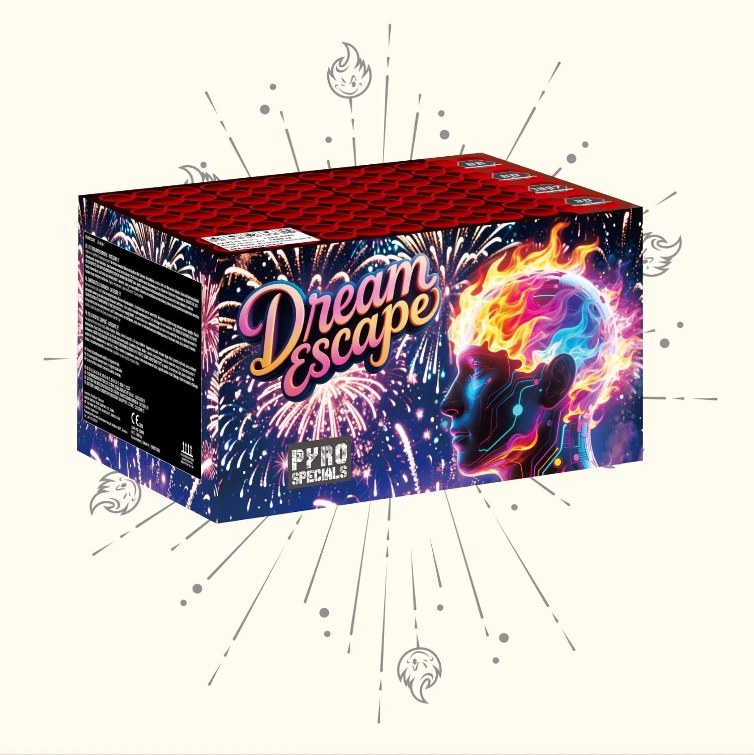 Die Pyro Specials Dream Escape Feuerwerksdose von Pyro Specials zeigt ein leuchtendes Neongrafikbild eines feurigen Menschenkopfes mit Feuerwerk im Hintergrund, vor einem cremefarbenen Hintergrund mit Feuerwerksillustrationen.