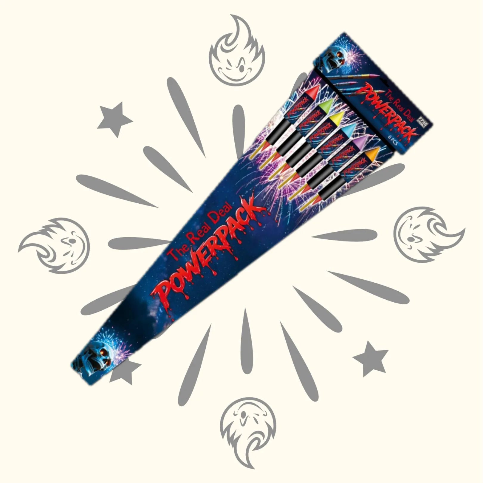 Eine Packung bunter Feuerwerksraketen mit der Aufschrift "Pyro Specials Powerpack 6" von Pyro Specials wird auf einem beigen Hintergrund mit grauen Starburst- und Flammenmustern dargestellt.