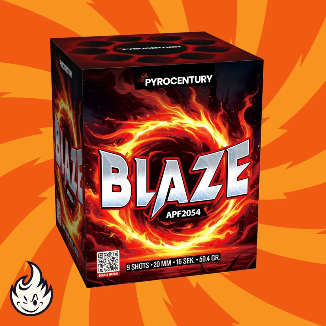 Eine Schachtel Pyrocentury Blaze von Pyrocentury zeigt feurige Grafiken und fetten Text vor einem orangefarbenen Flammenhintergrund mit einem kleinen Cartoon-Flammenlogo in der unteren linken Ecke.