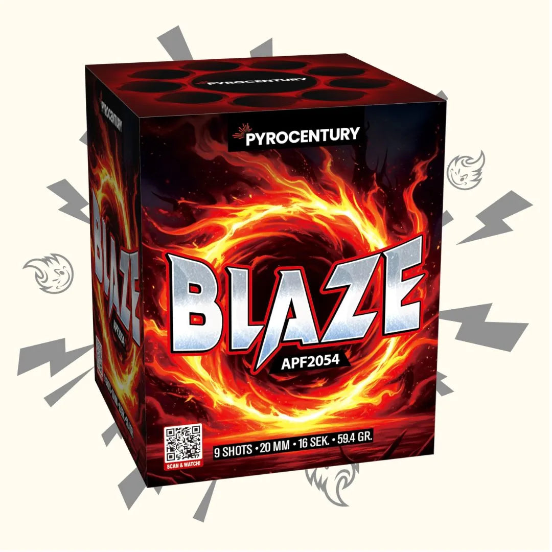 Eine Schachtel mit Pyrocentury Blaze von Pyrocentury zeigt einen auffälligen metallischen "BLAZE"-Schriftzug, der von Flammen umgeben ist, mit Produktdetails und Blitzakzenten auf der Verpackung.