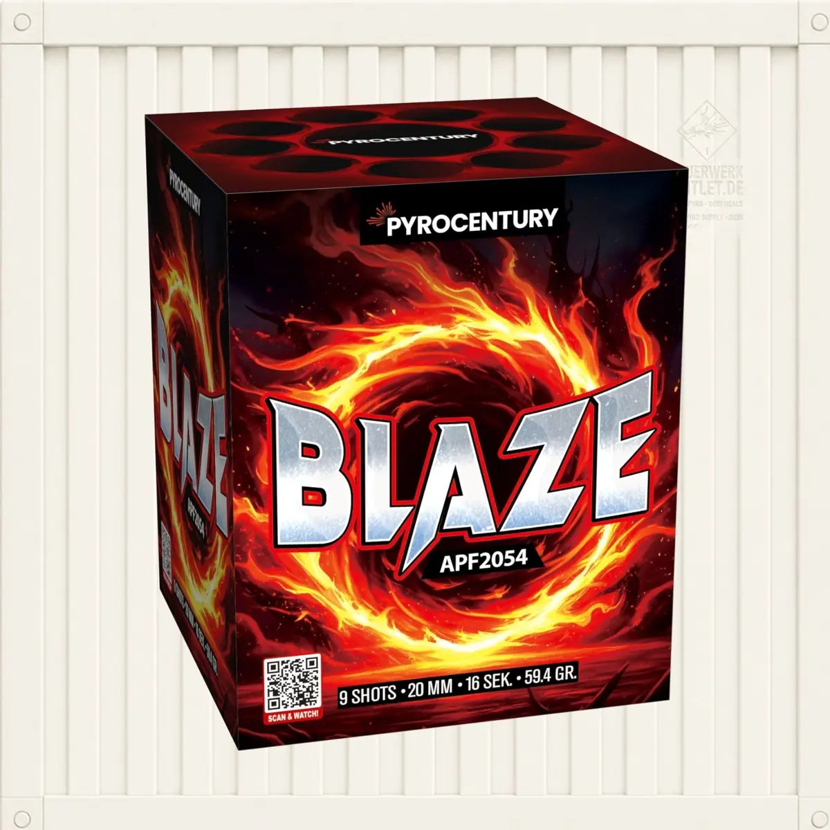 Eine Schachtel mit „Pyrocentury Blaze“-Feuerwerkskörpern von Pyrocentury, verziert mit feurigen Grafiken und Schriftzügen. Auf der Verpackung ist angegeben, dass sie 9 Schuss enthält, eine Brenndauer von 16 Sekunden hat und 594,4 Gramm wiegt.