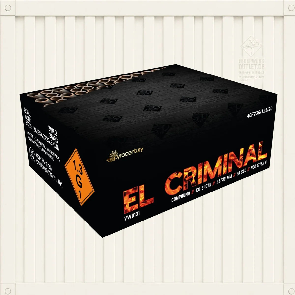 Eine schwarze Feuerwerksbox von Pyrocentury mit der Aufschrift „Pyrocentury El Criminal“ ist mit einem orangefarbenen Warndreieck und freiliegenden zylindrischen Röhren auf der Oberseite versehen. Vor einem weißen Hintergrund mit vertikalen Linien ist dieses auffällige Produkt perfekt für alle, die nach Silvesterfeuerwerk-Angeboten suchen oder Feuerwerk online kaufen möchten.