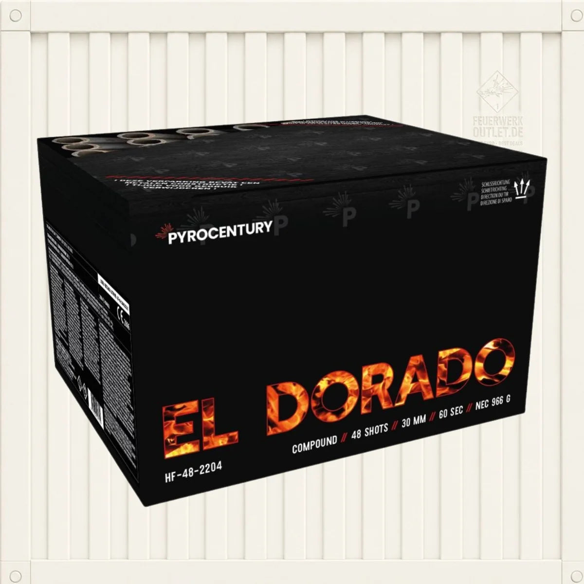 Eine elegante schwarze Pyrocentury El Dorado-Feuerwerksbox von Pyrocentury, auf der in leuchtenden Buchstaben groß „EL DORADO“ steht, überzeugt mit beeindruckenden technischen Daten: 48 Schüsse, 30 mm Kaliber, eine Dauer von 60 Sekunden und ein Gesamtgewicht von 986 Gramm – und ist damit die ideale Wahl, um mit El Dorado-Feuerwerkskörpern etwas Silvesterzauber in Ihre Feierlichkeiten zu bringen.