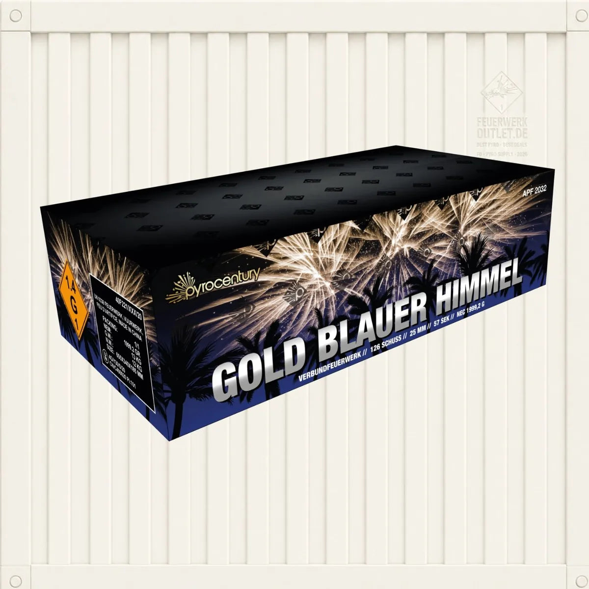 Eine rechteckige „Pyrocentury Gold Blauer Himmel“-Schachtel von Pyrocentury, deren Seiten mit Abbildungen goldener Feuerwerke verziert sind und die sich ideal als Feuerwerk für zu Hause eignet, ist vor einem hellen, vertikal gestreiften Hintergrund zu sehen.