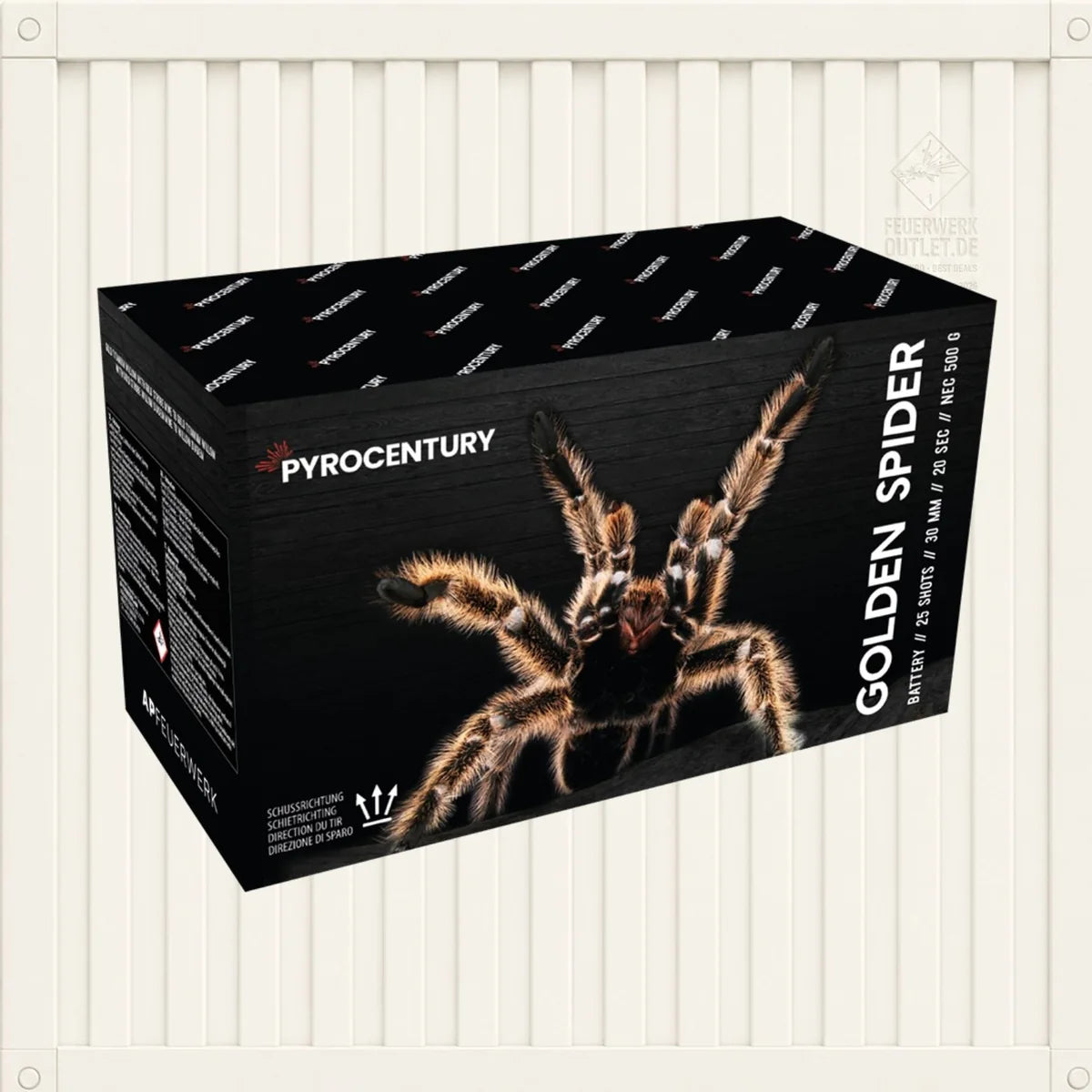Eine schwarze Schachtel der Marke Pyrocentury mit der Aufschrift „Pyrocentury Golden Spider Fan“ und dem Abbild einer großen Spinne auf der Vorderseite ist vor einem hellen Holzhintergrund zu sehen. Diese Feuerwerksbatterie besticht durch ihre auffällige Fächerform und bietet 25 Schüsse für ein beeindruckendes Feuerwerk.