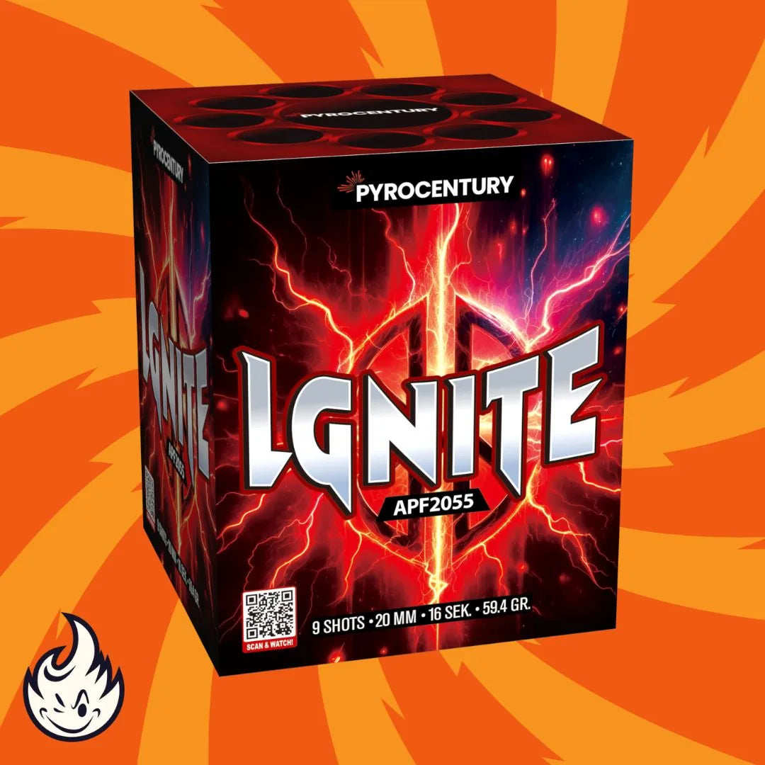 Eine Schachtel mit Pyrocentury Ignite Feuerwerkskörpern von Pyrocentury, mit roter Blitzgrafik auf einer schwarzen Schachtel, dargestellt auf einem orangefarbenen Hintergrund mit einem Flammenlogo in der unteren linken Ecke.