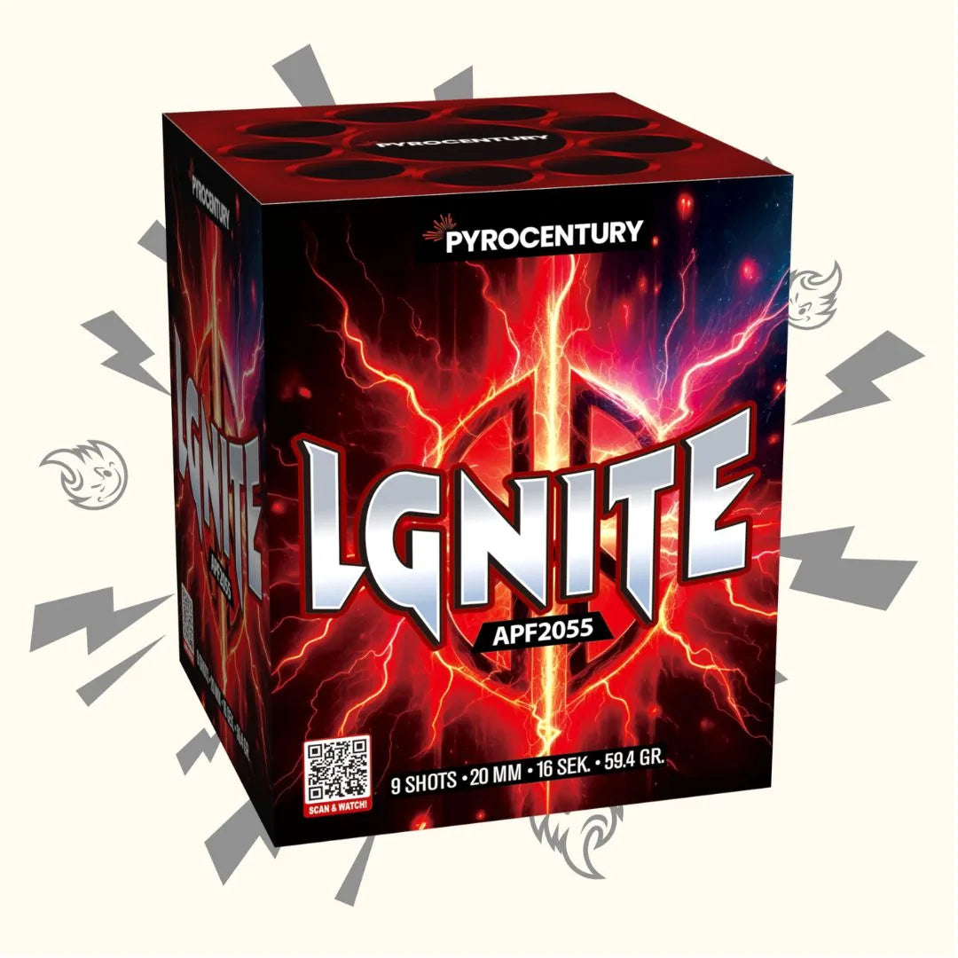 Die Pyrocentury Ignite Feuerwerksbox von Pyrocentury zeigt einen auffälligen weißen "IGNITE"-Schriftzug, rote Blitze, Energiedarstellungen und eine graue Flamme mit Funkengrafik. Sie enthält 9 Schuss (20 mm), dauert 16 Sekunden und wiegt 59,4 g.