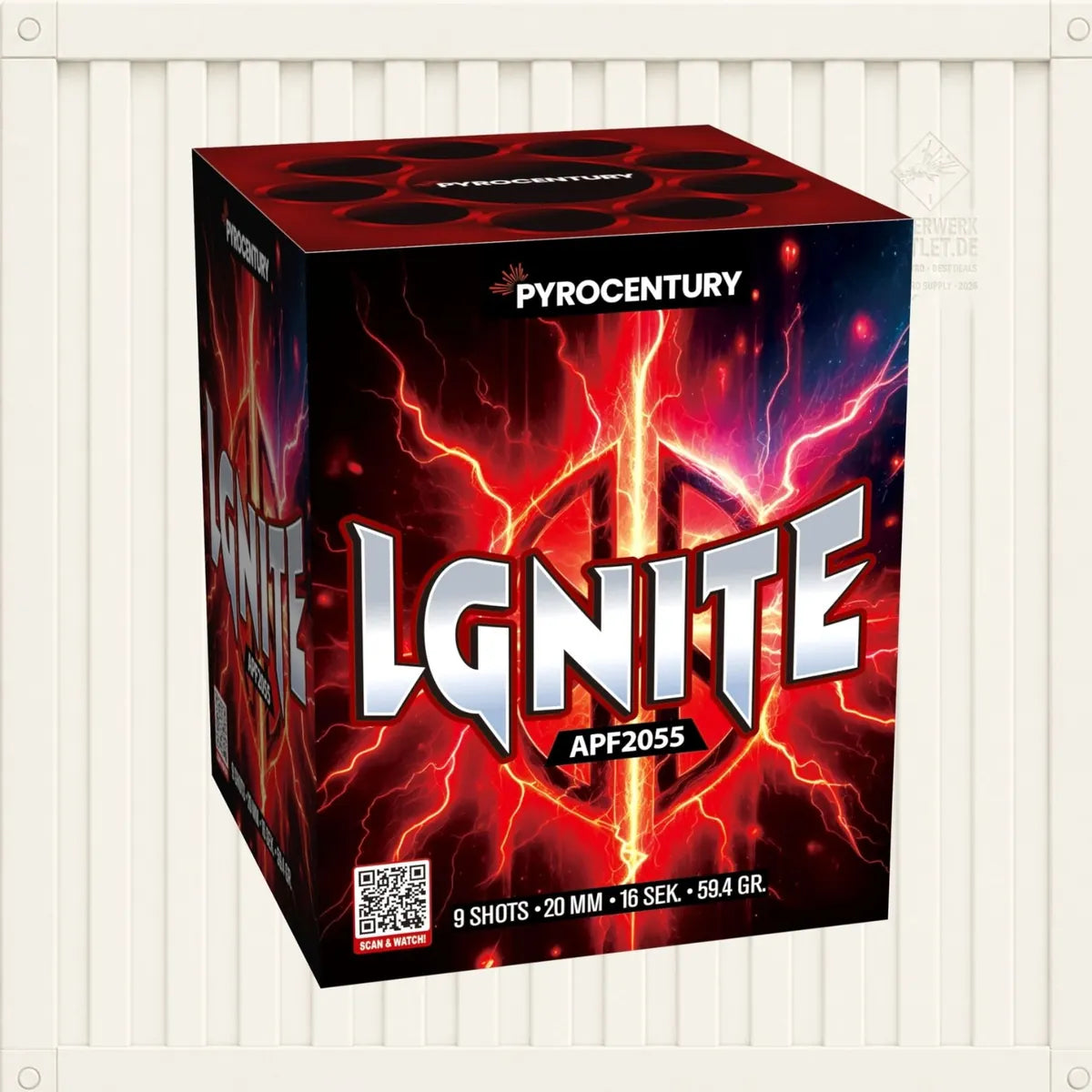 Eine Schachtel „Pyrocentury Ignite“ von Pyrocentury mit auffälligem rot-weißem Text, markanten roten Blitzgrafiken und Produktinformationen vor einem hellen, geriffelten Hintergrund.
