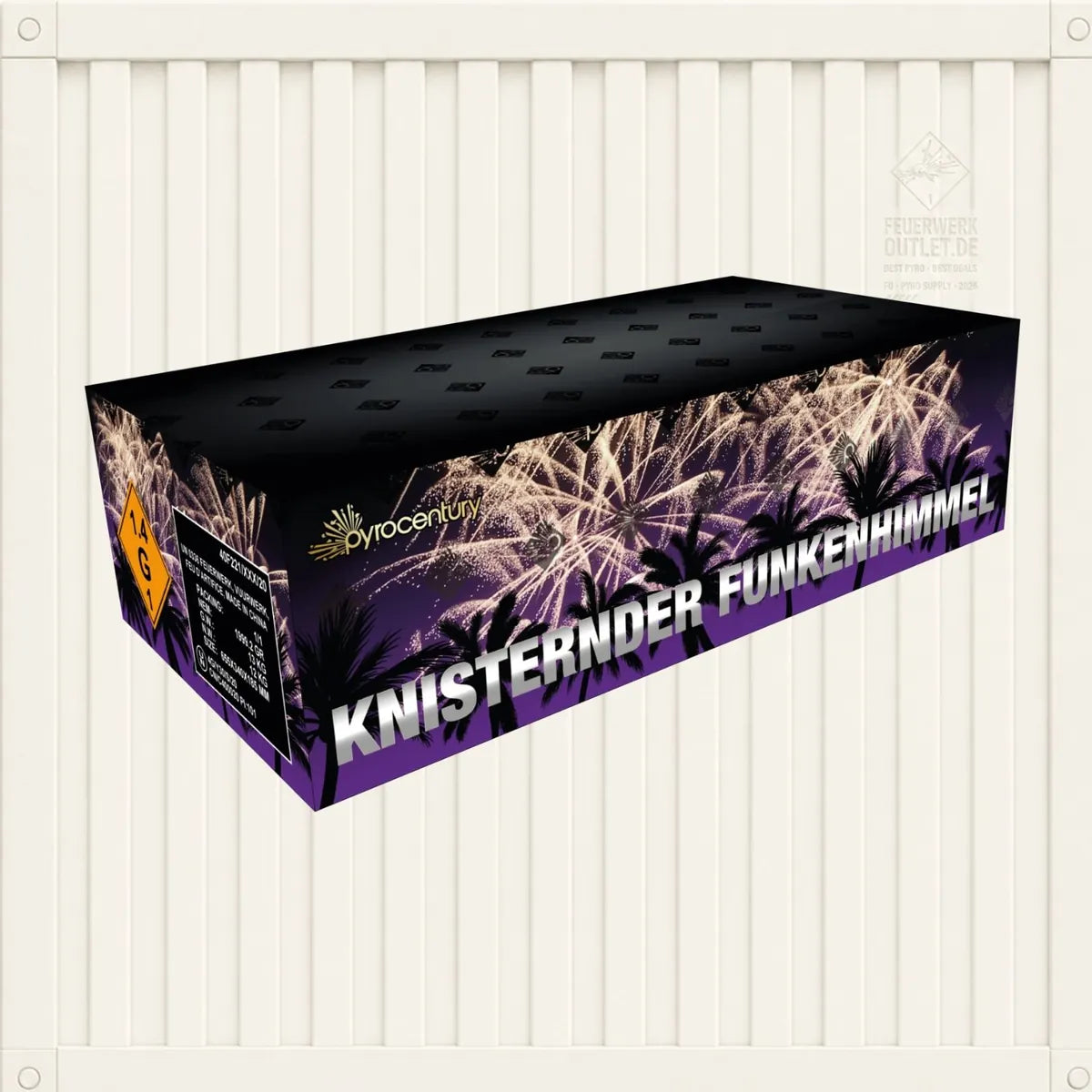 Eine rechteckige Feuerwerksschachtel von Pyrocentury mit der Aufschrift „Pyrocentury Knisternder Funkenhimmel“ zeigt goldene Feuerwerkskörper, die vor einem violetten und schwarzen Hintergrund die Silhouetten von Palmen erhellen. Dieses beeindruckende Verbundfeuerwerk der Marke Pyrocentury bietet 126 Schuss mit einem Kaliber von 25 mm für ein spektakuläres Lichterspiel am Nachthimmel.