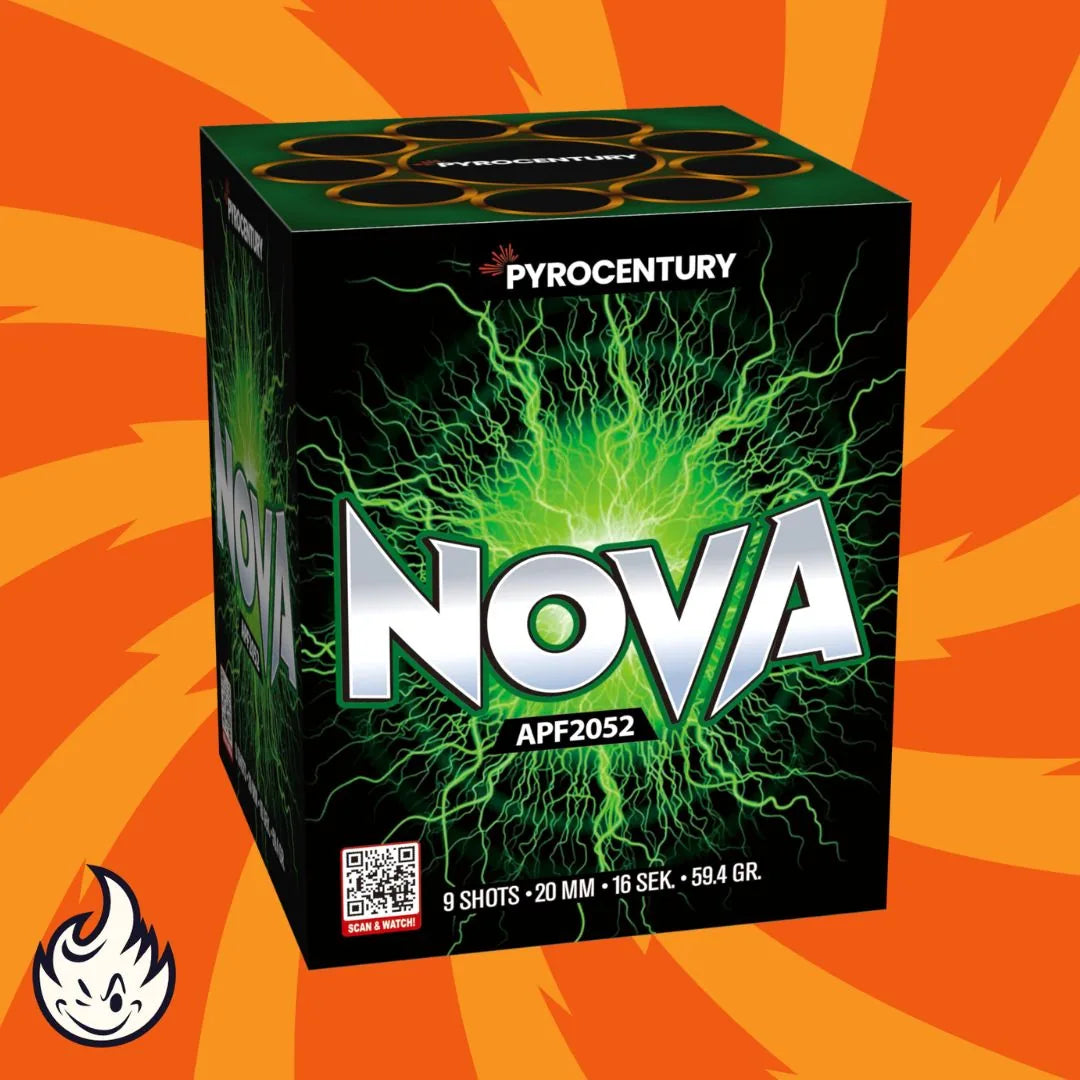 Die Pyrocentury Nova Feuerwerksdose zeigt grüne Blitze, einen fetten weißen Text und eine orangefarbene Explosion mit einem Flammenlogo. Angaben auf der Vorderseite: "9 Schuss, 20 mm, 16 Sek., 59,4 gr." Marke: Pyrocentury.