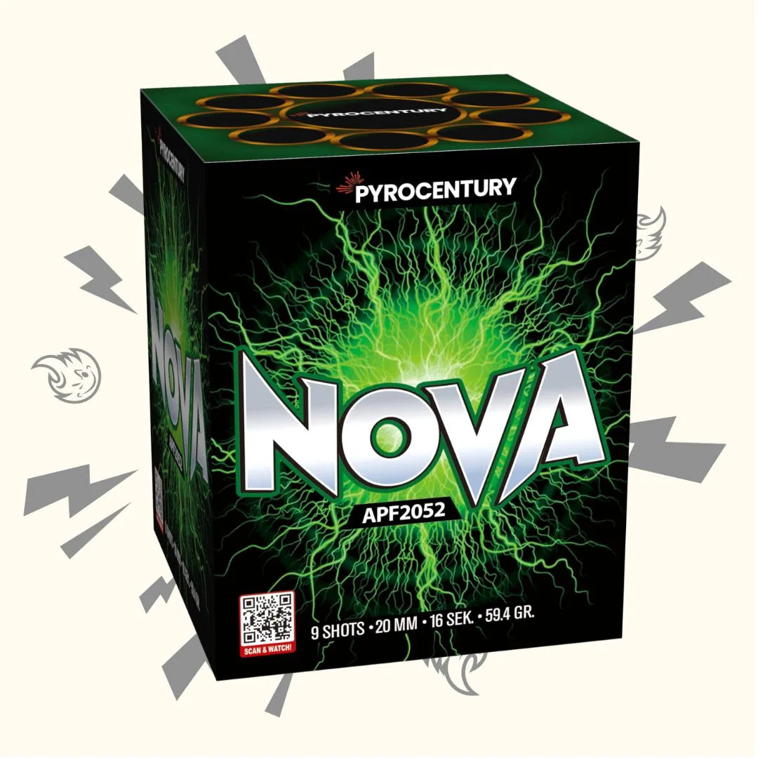 Eine Schachtel mit Pyrocentury Nova Feuerwerkskörpern von Pyrocentury, mit grünen Blitzgrafiken. Die Schachtel zeigt: 9 Schüsse, 20 mm, 16 Sekunden, 59,4 g, sowie einen QR-Code auf der Vorderseite.