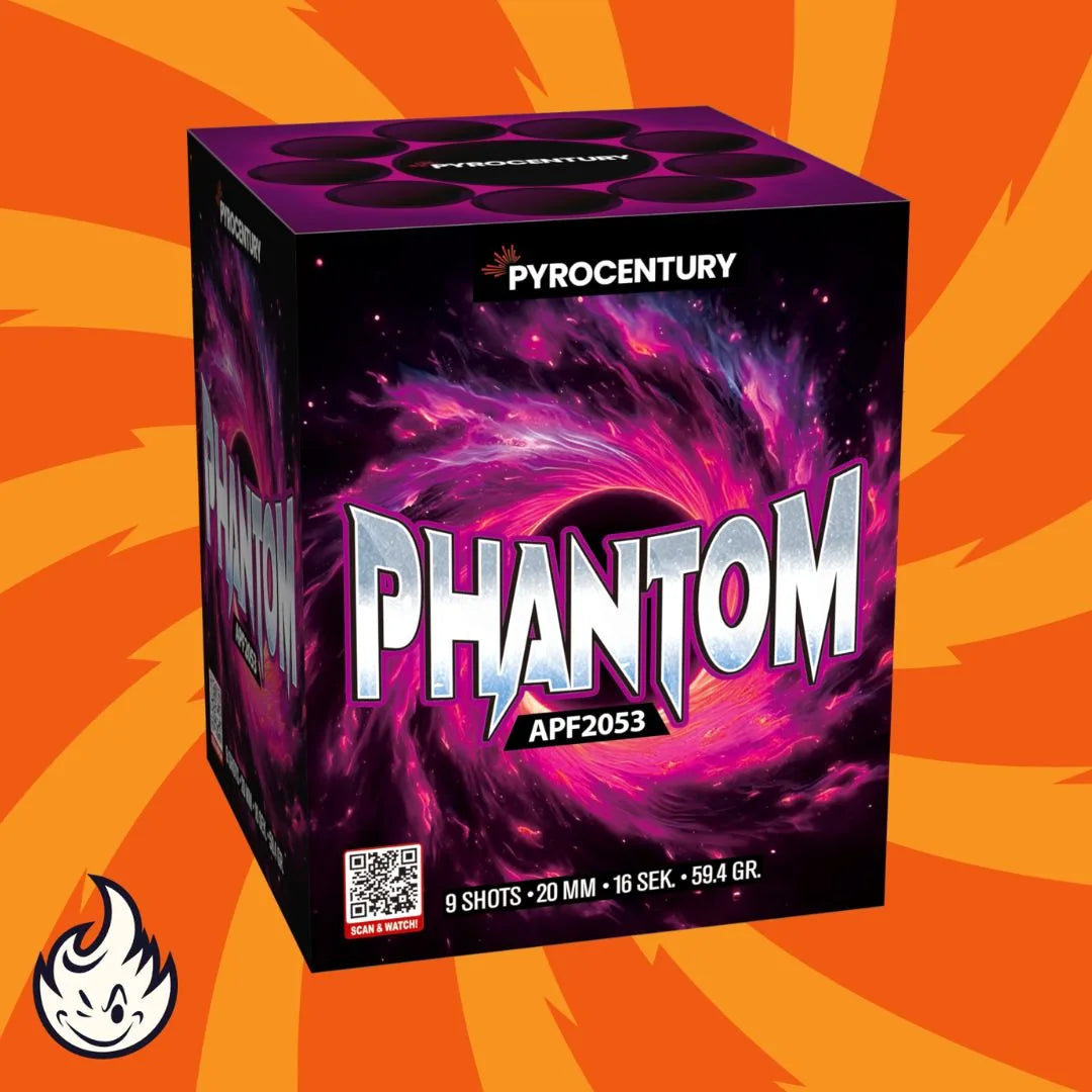 Die Pyrocentury Phantom Feuerwerksdose von Pyrocentury zeigt eine lebhafte lila und rosa wirbelnde Galaxie auf orangefarbenem Hintergrund, akzentuiert mit einem Flammenlogo in der Ecke.