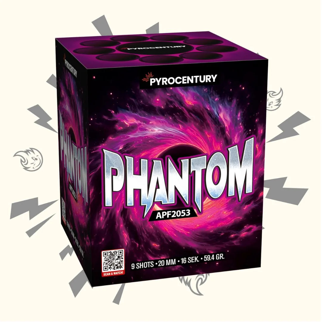 Eine lebhafte Pyrocentury Phantom Feuerwerksdose zeigt ein wirbelndes lila-rosa Wirbel-Design. Sie wirbt mit 9 Schuss, einem Kaliber von 20 mm, 16 Sekunden Dauer und einem Gewicht von 594 Gramm.