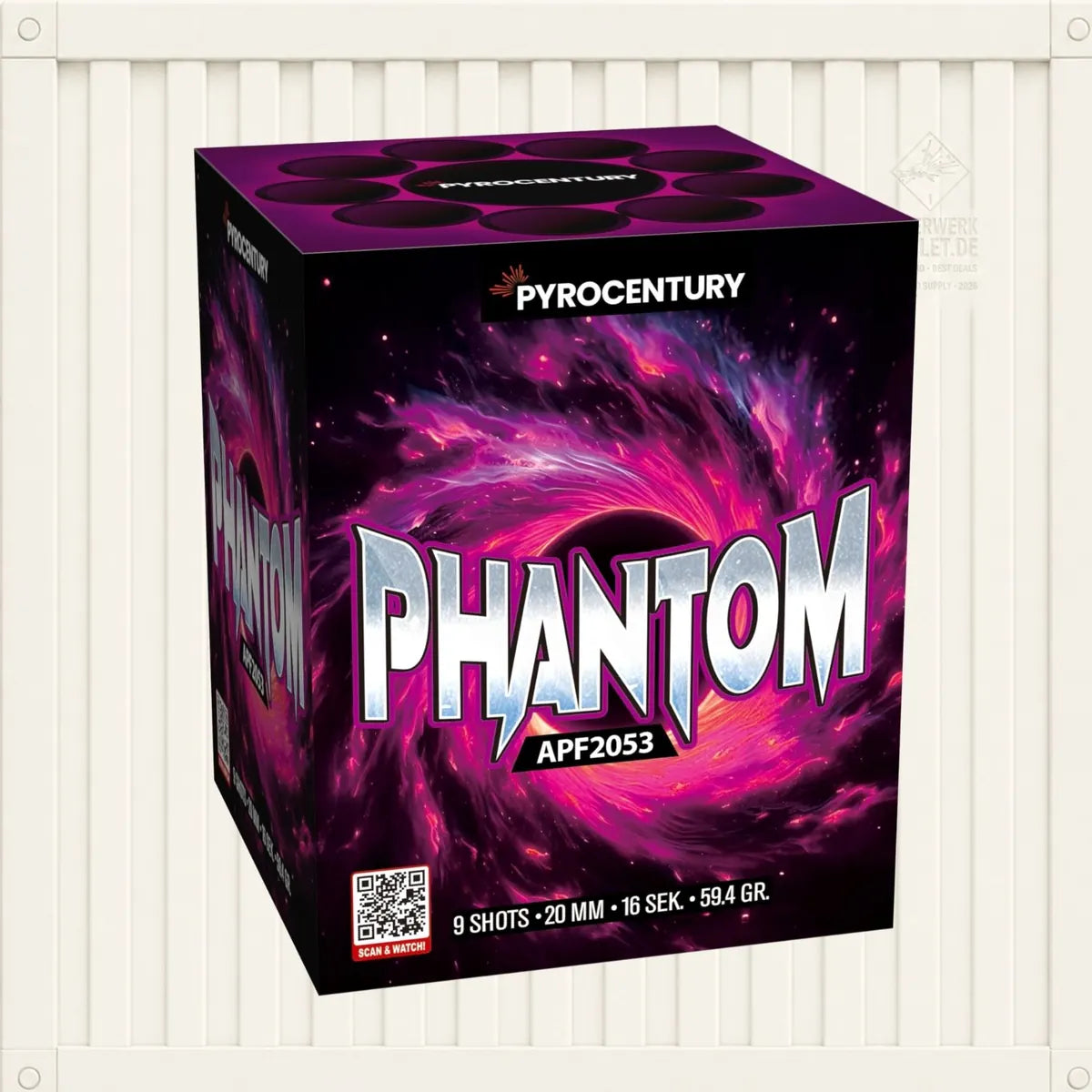 Eine Schachtel mit „Pyrocentury Phantom“-Feuerwerkskörpern von Pyrocentury, auf der ein auffälliger silberner Schriftzug vor einem lebhaften, violetten und rosa Hintergrund mit Wirbelmustern zu sehen ist. Auf der Verpackung ist angegeben, dass sie 9 Schuss enthält, sowie weitere Produktdetails.