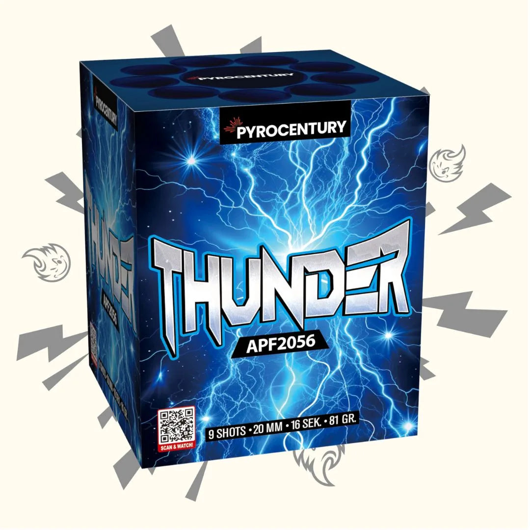Eine blaue Pyrocentury Thunder-Feuerwerksdose mit auffälligem, metallischem Blitztext, elektrisch blauen Grafiken und Details: 9 Schuss, Kaliber 20 mm, 16 Sekunden Dauer, 81 g. Der Markenname Pyrocentury erscheint oben auf der Schachtel.